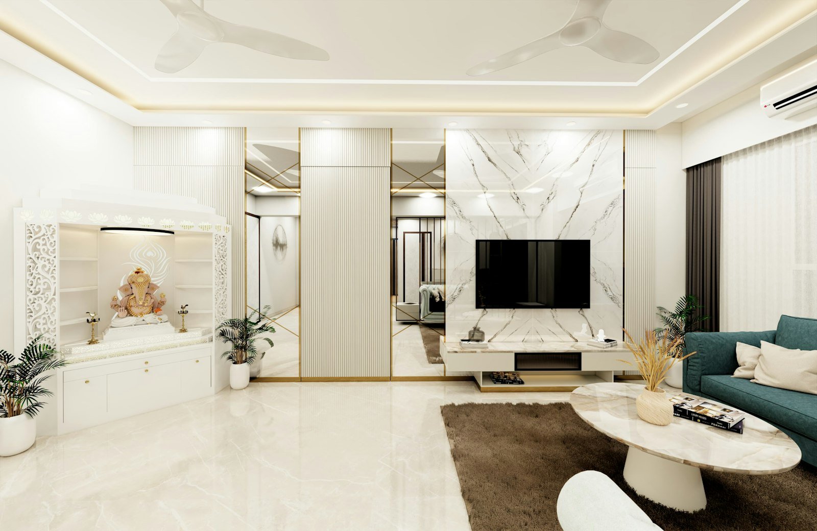 Bright living room with television and media console