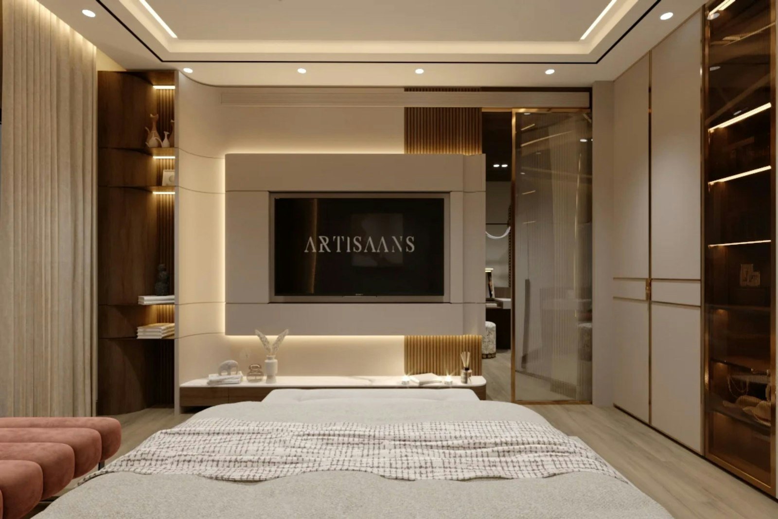 Bedroom with a wall-mounted television and built-in storage